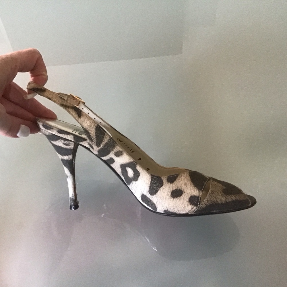 Stuart Weitzman Leopard Animal Print Metallic Slingback 4” High Heels Shoes 9 LN